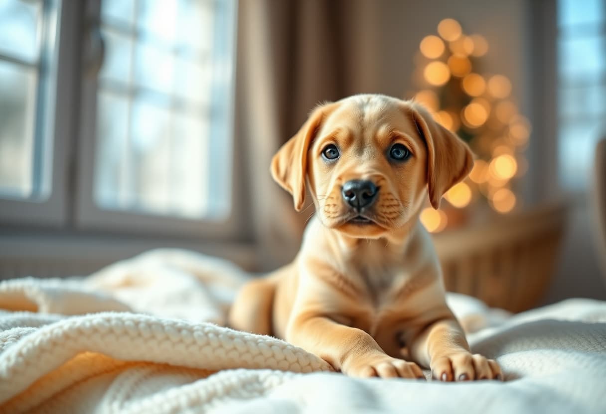 An adorable labrador puppy resting on a soft blanket