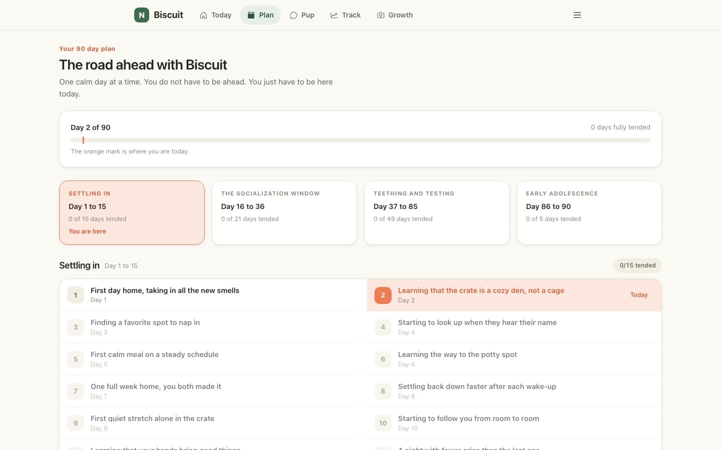The 90 day plan with stage overview cards and a two column day list
